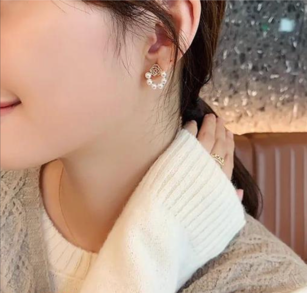 White Pearl Rose Earrings