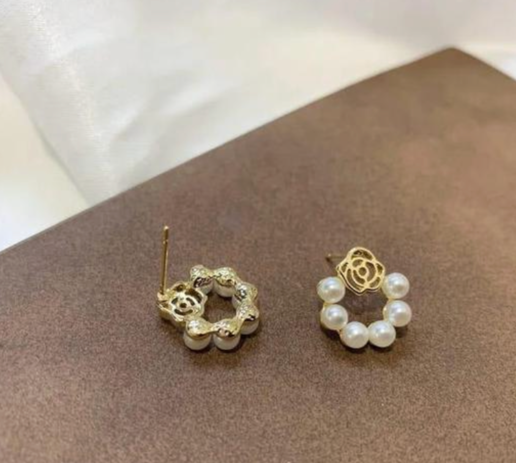 White Pearl Rose Earrings