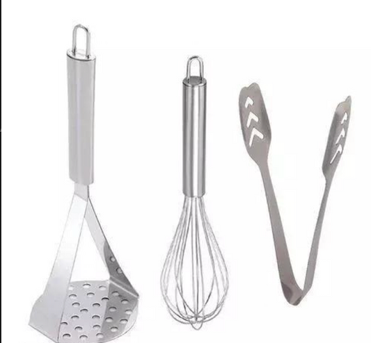 Steel Masher, Whisk and tong