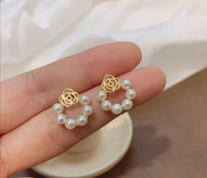 White Pearl Rose Earrings